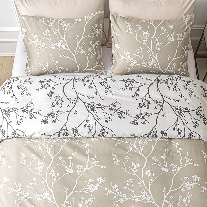 Lekesky Queen Size Duvet Cover Set, Reversible Duvet Cover Queen with Branch Pattern, Lightweight Soft Microfiber Comforter Cover, 3 Pieces Khaki Bedding Set with Zipper and 2 Pillowcases
