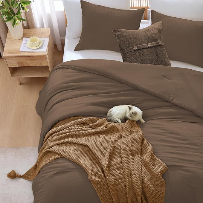 WRENSONGE Queen Comforter Set- 7 Pieces Soft Chocolate Brown Bed in a Bag with Fitted Sheet, Flat Sheet, 2 Pillow Shams, and 2 Pillowcases- Warm Bedding Sets Queen for All Season