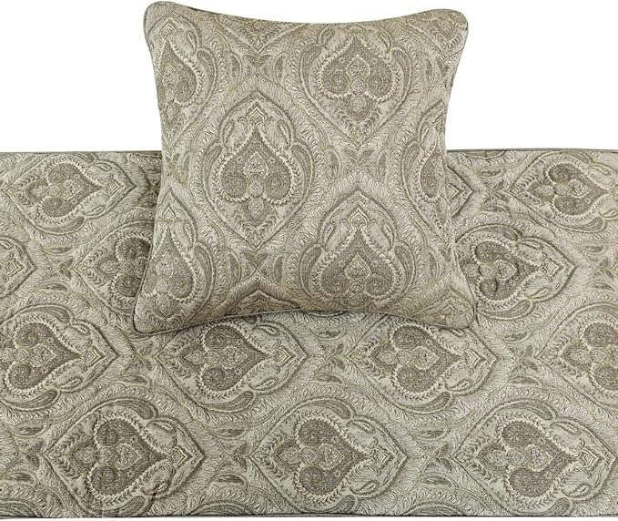 The HomeCentric King/Queen/Twin Grey Decorative King 90"x18" Bed Runner Without Pillow Cover, Quilted, Damask& Gold Zari Embroidery Bed Scarf on Silk Fabric - Winifred