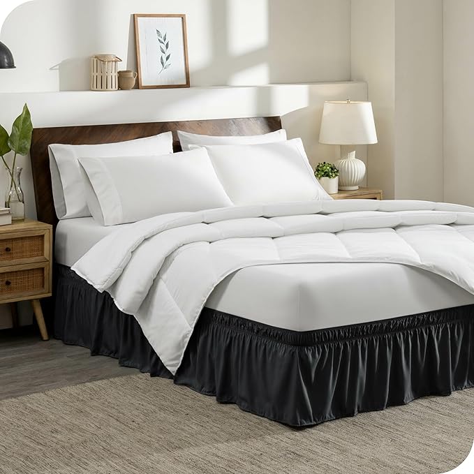 Bare Home Wrap Around Bed Skirt - for Queen Size Beds with 15 inch Tailored Drop - Easy Fit Elastic Strap - Adjustable and Ruffled Style - Wrinkle, Fade, and Stain Free (Queen, Black)