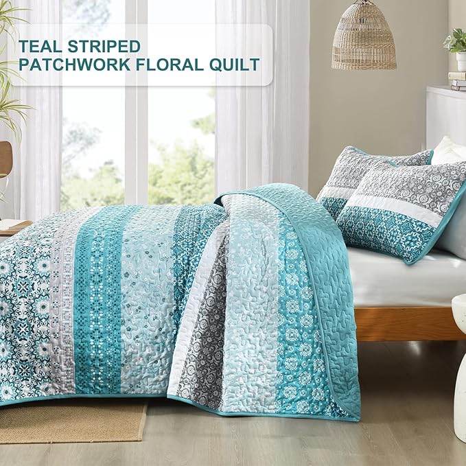 WONGS BEDDING Boho Quilt Set Full Size,Teal Bohemian Striped Patchwork Bedspread Set,3 Pieces Microfiber Bedding Set for All Seasons (78"x90")