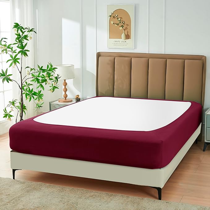 Biscaynebay Decorative Box Spring Cover Full & Full XL Size, Burgundy Luxurious Jersey Knitting Stretchy Wrap Around 4 Sides Bed Skirt for Home/Hotels, Easy Fit Wrinkle & Fade Free Machine Washable
