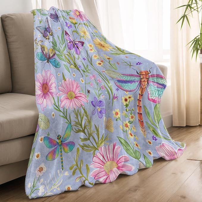 Floral Insect Blanket Lightweight Blankets Gifts for Women Flannel Throw with Colorful Flower Butterfly and Dragonfly Printed for Sofa, Bed, Travel, Picnic, Spring Decor Throws 80x60 Inch