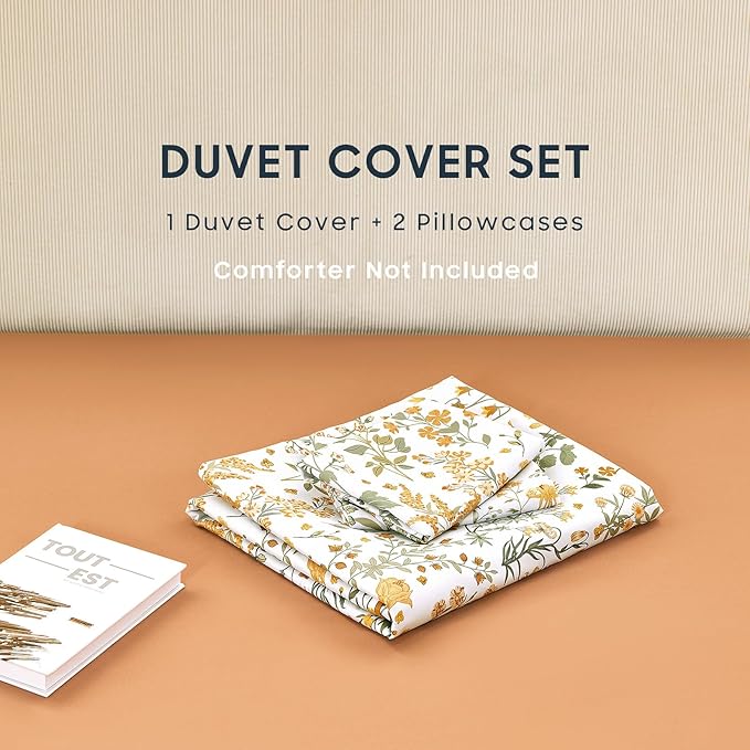 Wake In Cloud - Floral Duvet Cover Set, Shabby Chic Cottage Garden Botanical Flower Style with Elegant Wildflower Pattern, Soft Lightweight Bedding, 3 Pieces, Orange White, Full Size
