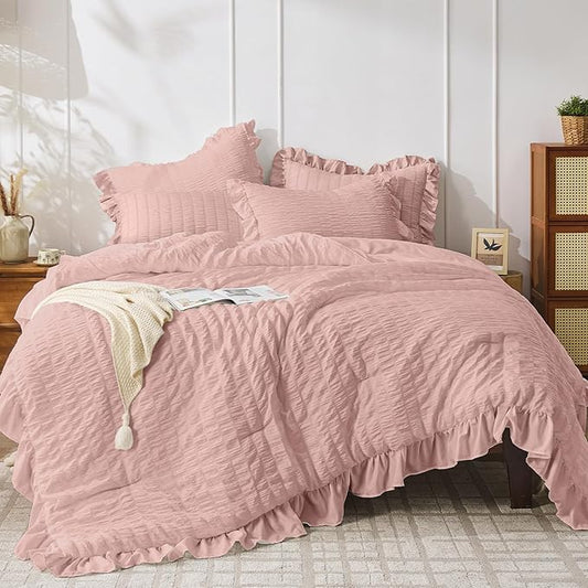 JOLLYVOGUE Full Size Comforter, 3 Pieces Rose Gold Seersucker Lightweight Full Size Bedding, All Season Fluffy Microfiber Bedding Comforter Set with 1 Ruffle Comforter and 2 Ruffle Pillowshams