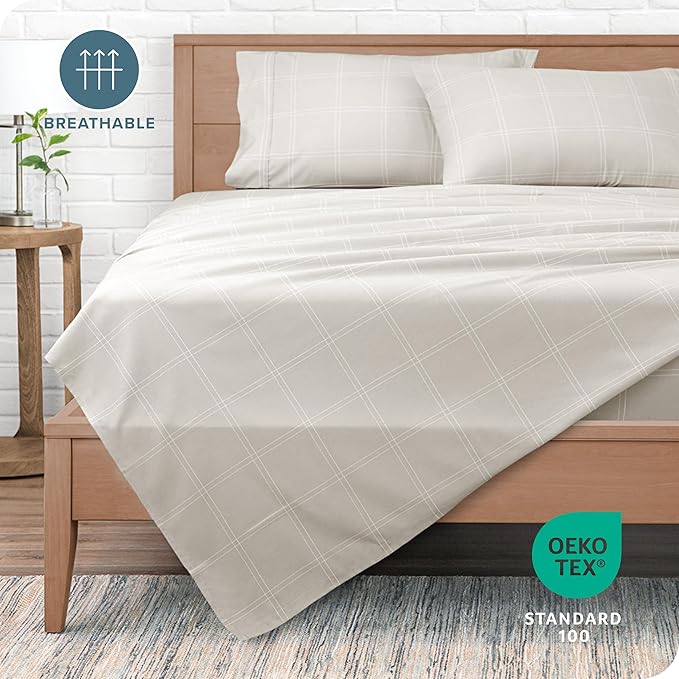 Bare Home Queen Sheet Set - Luxury 1800 Ultra-Soft Microfiber Double Brushed - Deep Pockets - Easy Fit - 4 Piece Set (Queen, Modern Plaid - Stone/White)