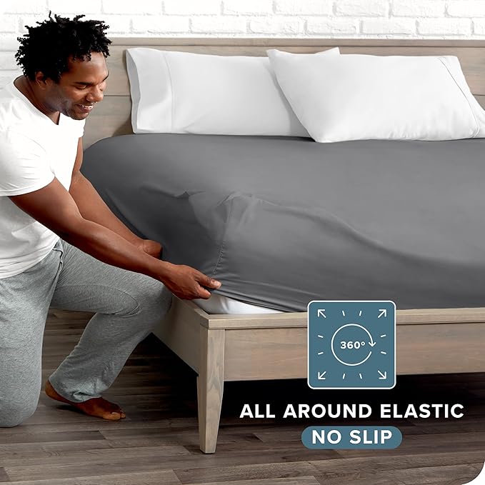 Bare Home Fitted Bottom Sheet Split King - Premium 1800 Microfiber - Ultra-Soft Wrinkle Free - Deep Pocket - 2 Twin XL Fitted Sheets (Split King, Grey)