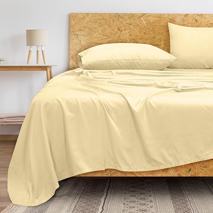 Royale Linens 300 Thread Count 100% Long Staple Combed Cotton Flat Sheet - Super Soft - Top Sheets - Full Flat Sheet Sold Separately - Breathable, Cool & Crisp Percale Sheets Only (Full, Light Yellow)