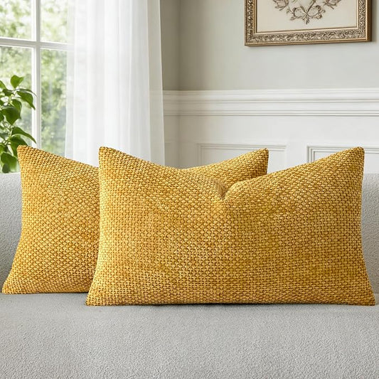 a moment Mustard Yellow Chenille Throw Pillow Covers 12x20 Inch Pack of 2 Modern Decorative Throw Pillow Covers Farmhouse Cross Covers Home Decor for Sofa Bedroom Living Room