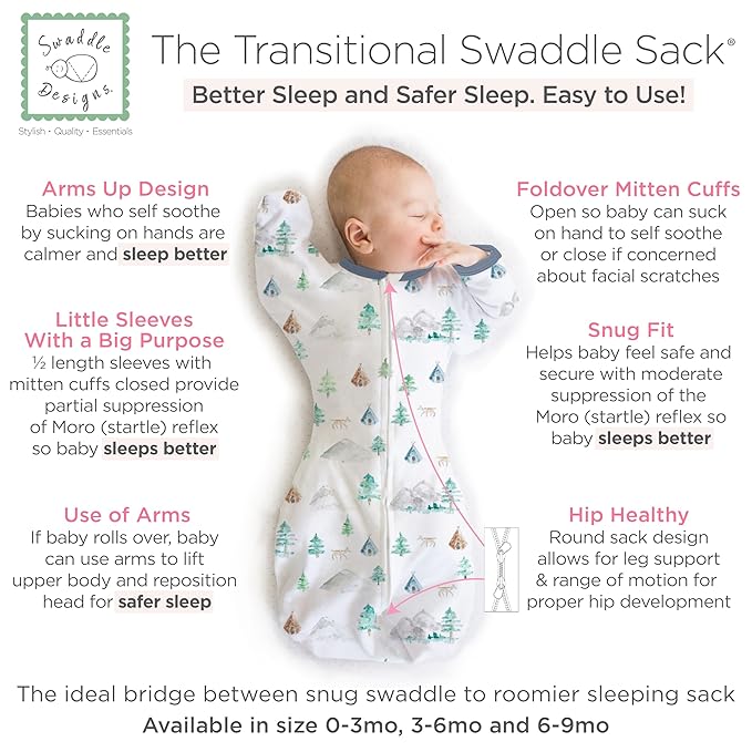 SwaddleDesigns Transitional Swaddle Sack, Arms Up Half-Length Sleeves & Mitten Cuffs, Swaddle for Newborn Transition to Baby Sleep Sack Wearable Blanket, 3-6 mo, 14-21 lb, Watercolor Mountains & Trees