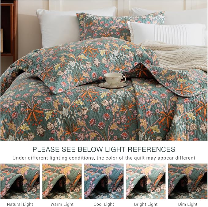 QSH 100% Cotton Oversized King Bedspread Set(128"x120")-3Pcs Floral Quilt Coverlet California King Size Luxury Paisley Flower Botanical Printed Bedspread Bedding Set Lightweight Soft for All Season