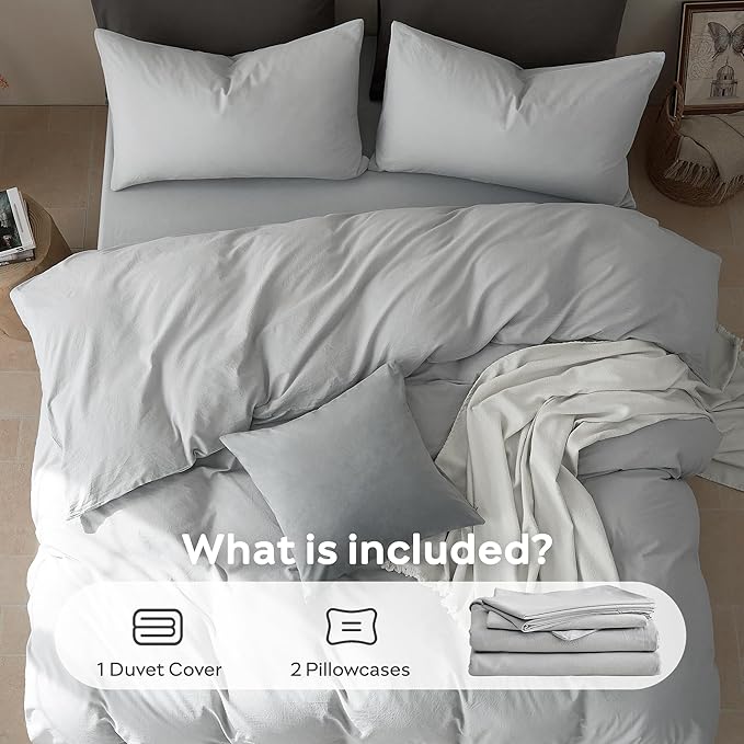 JELLYMONI Duvet Cover Queen Size - Washed Cotton Comforter Cover with Linen-Like Texture,Breathable & Soft Bedding for Modern Home,Guest Room and Everyday Use,Pale Grey 1 Duvet Cover & 2 Pillowcases