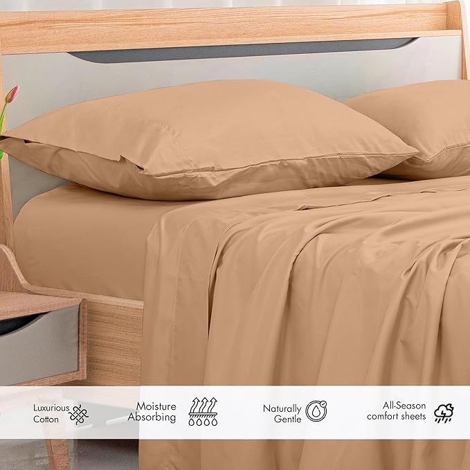 Royale Linens 300 Thread Count 100% Long Staple Combed Cotton Flat Sheet - Super Soft - Top Sheets - Full Flat Sheet Sold Separately - Breathable, Cool & Crisp Percale Sheets Only (Full, Sand)