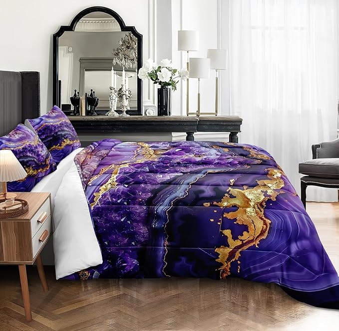 Bedbay Purple Gold Marble Comforter Set King Size Marble Bedding Set Abstract Art Texture Stone Diamond Aesthetic Room Decor 4 Pcs Luxury Bedding 1 Comforter 2 Pillowcases 1 Cushion Cover