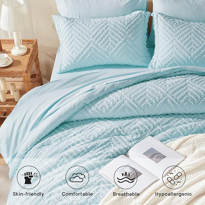 Zzlpp King Comforter Set 7 Pieces, Light Blue Tufted Bed in a Bag with Comforter and Sheets, All Season Boho Bedding Sets with Comforter, 2 Pillow Shams, 2 Pillowcases, 1 Flat Sheet, 1 Fitted Sheet
