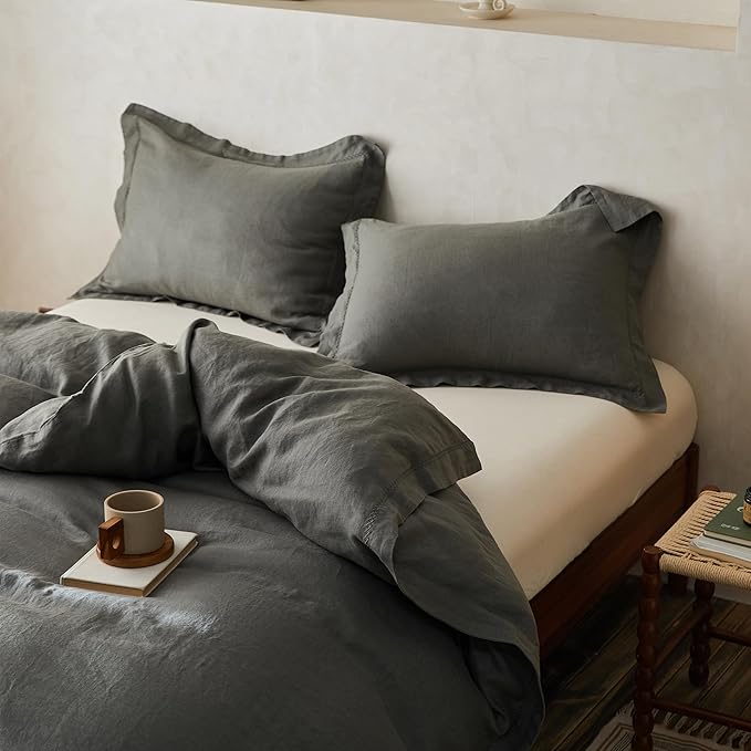 Simple&Opulence 100% Linen Duvet Cover Set with Crossed Embroidery Washed - 3 Pieces (1 Duvet Cover with 2 Pillow Shams) Soft Breathable Farmhouse - Cushing Green, Queen Size