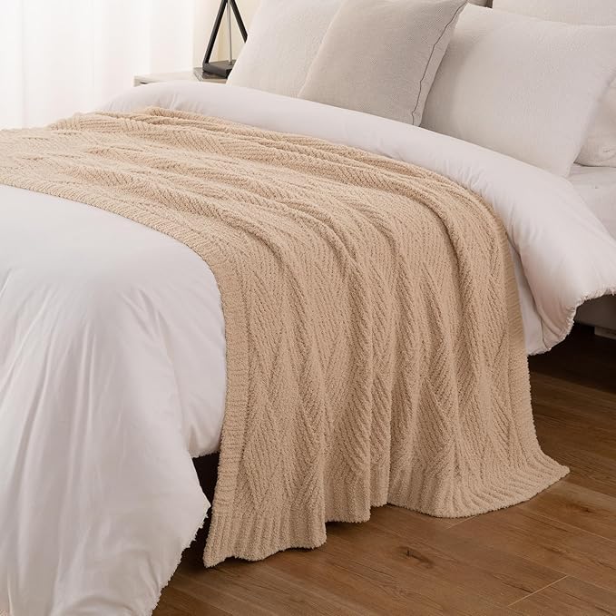 Battilo Beige Diamond Knit Throw Blanket for Couch and Bed, Soft Textured Chenille Blanket, Cozy Lightweight Decorative Blanket for Sofa, 50"x60"