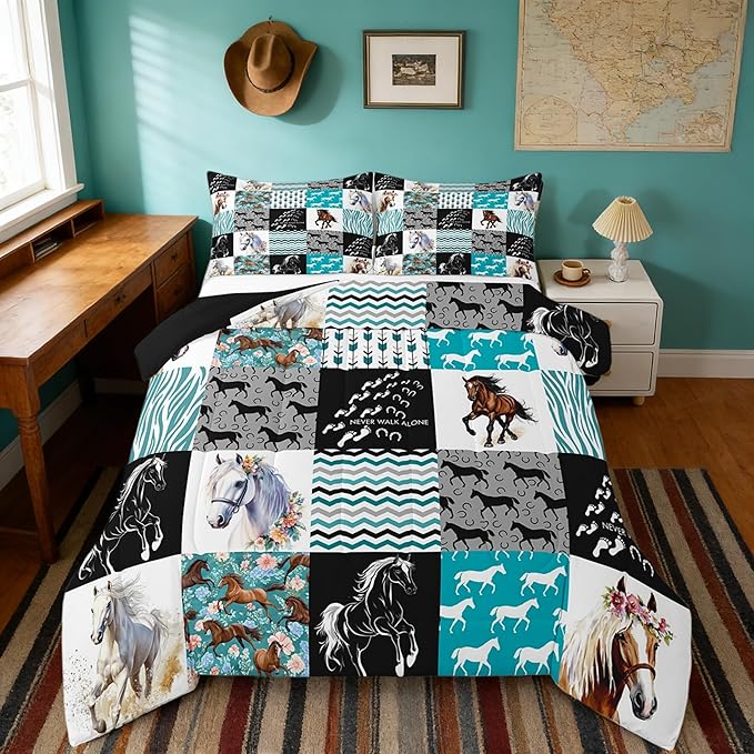 Horse Bedding,Western Farmhouse Horse Comforter Set For Girls Twin Bed,Boho Arrow Teal Zebra Stripe Comforter For Kids Boys Women,Rose Flower Rustic Cowboy Quilt Duvet sets 1 Pillowcases Black White