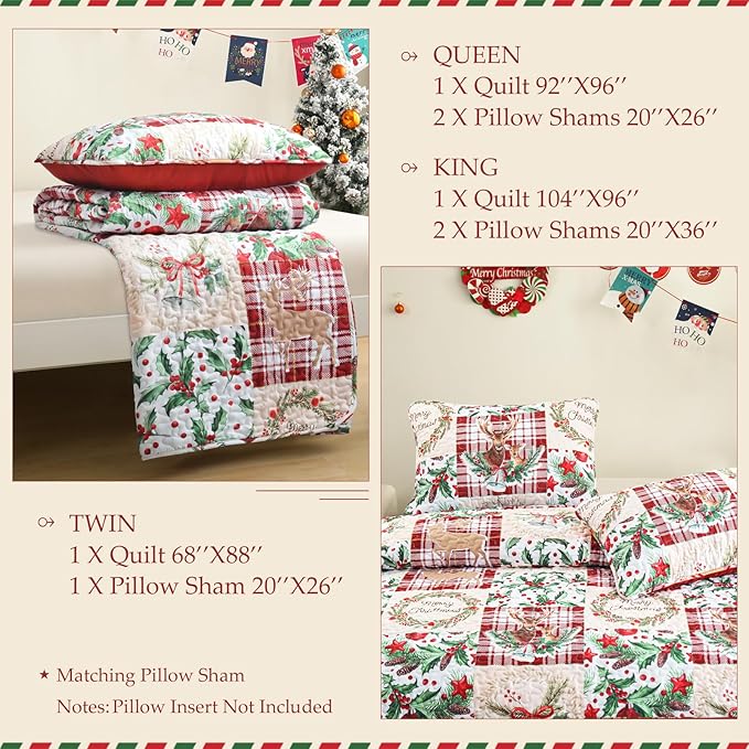 Exclusivo Mezcla Reversible Christmas Quilts King Size, Red Bedspread Lightweight Coverlet Winter Patchwork Quilt Bedding Set with Printed Reindeer Wreaths Pattern (1 Quilt, 2 Pillow Shams)
