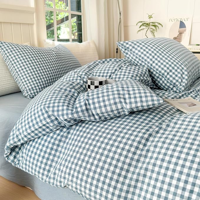Gingham Duvet Cover King 100% Washed Cotton Blue Plaid Duvet Cover 3 Pieces Boho Grid Comforter Cover with 2 Pillowcases Luxury Soft Gingham Bedding Set Buffalo Grid Duvet Cover King Size