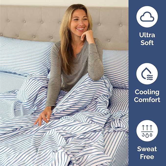 Twin 4 Piece Sheet Set - Comfy Breathable & Cooling - Soft Hotel Luxury Bedding Set with 8-16 Inch Deep Pockets - 1 Flat & 1 Fitted Sheet & 2 Pillowcases - Wrinkle Free & Easy Care - Blue Stripes 2