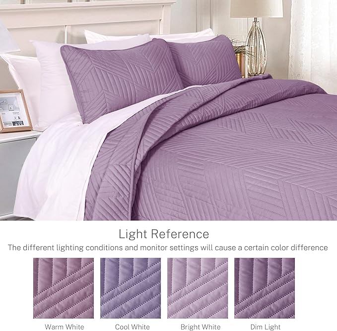 Exclusivo Mezcla Ultrasonic King Quilt Bedding Set, Lightweight Dusty Lavender Bedspreads Soft Modern Geometric Coverlet Set for All Seasons (1 Quilt and 2 Pillow Shams)