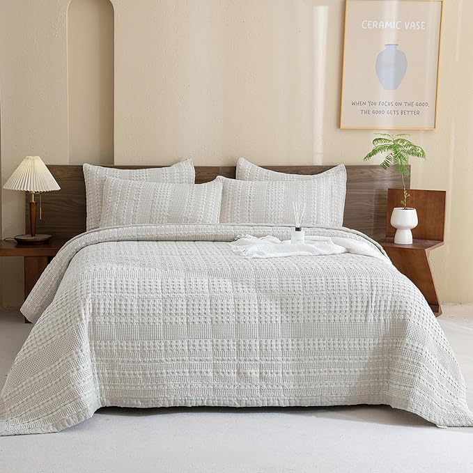 Sanracie Cotton Quilt Set King Size(110"x98"), Khaki Waffle Quilted Bedspread Sets,3Pcs Soft Lightweight King Quilt Bedding Set,Farmhouse Coverlet Quilt Set Shabby Vintage Chic Bedding Set