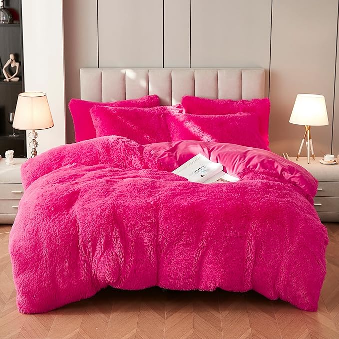 Uhamho Faux Fur Velvet Fluffy Bedding Duvet Cover Set Down Comforter Quilt Cover with Pillow Shams, Ultra Soft Warm (Queen, Hot Pink)