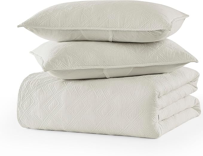 WDCOZY 100% Cotton Queen Size Quilt Set - Beige Pre-Washed Soft Lightweight Modern Bedspread, Farmhouse Country Rustic Coverlet, Textured Like Linen, Shabby Chic Gauze Bedding, 3 Pieces