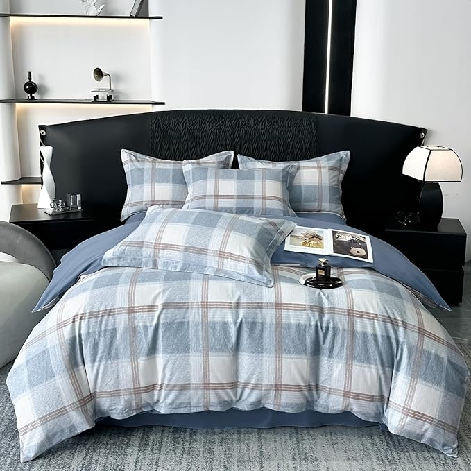 LifeTB Blue White Plaid Duvet Cover Queen Modern Soft Cotton Brushed Comforter Cover Farmhouse Buffalo Grid Duvet Cover with 2 Pillowcases