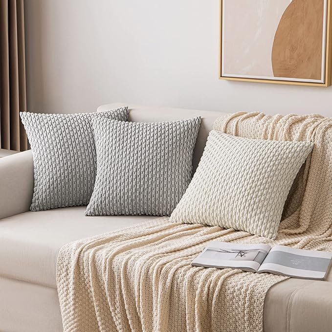 MIULEE Pack of 2 Decorative Throw Pillow Covers 20x20 Inch Soft Boho Striped Textured Corduroy Pillow Covers Modern Farmhouse Home Decor for Couch Bed Sofa Living Room Light Grey