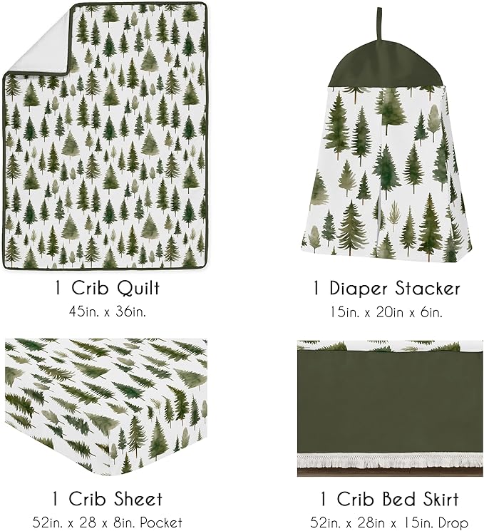 Sweet Jojo Designs 4-Piece Baby Crib Bedding Set (Sage Green Woodland) for Boys/Girls, Infants/Nursery incl. Blanket, Fitted Sheet, Skirt, Diaper Stacker (Forest Themed, Nature, Pine Tree, Abstract)