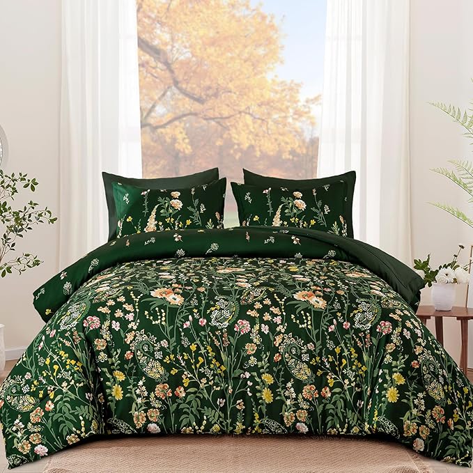 Yiran Dark Green Floral Comforter Set Queen Size, 7 Piece Botanical Flowers Comforter Bedding Set, Bed in a Bag Queen, Soft Microfiber Complete Bedding Set with Sheets for All Season