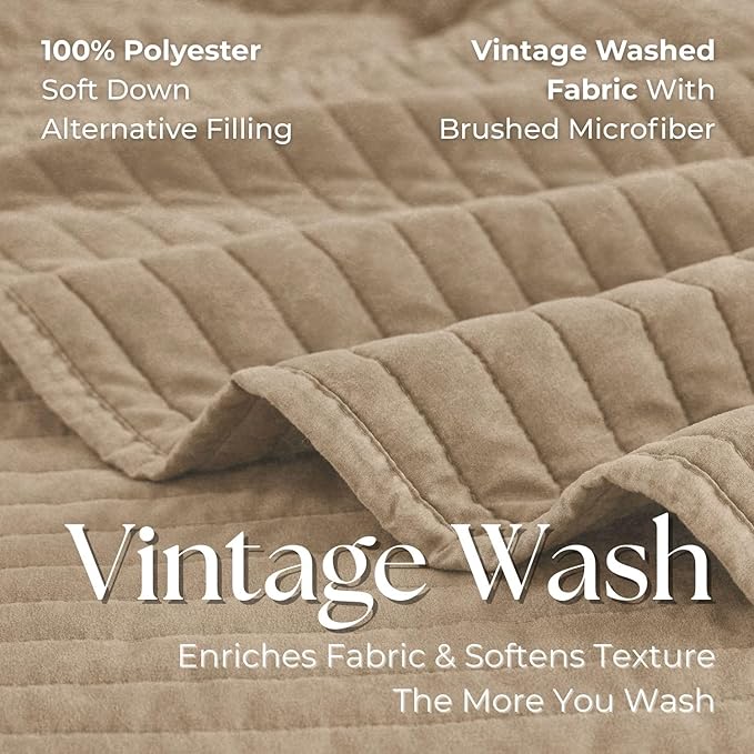 DOWN HOME Cali King Quilt Bedding Set with Shams, Vintage Washed Quilted Blanket Thin Comforter Lightweight Bedspread Coverlet Bed Cover, Brushed Microfiber Stripe Stitching, Brown, 111"x92"