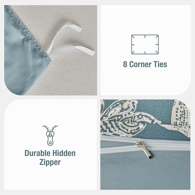 Lekesky Duvet Cover Queen Size, Reversible Teal Blue Floral Comforter Cover Set Queen Size 3pc, Soft 100% Washed Microfiber Breathable Bedding Sets with Zipper Ties and 2 Pillowcases