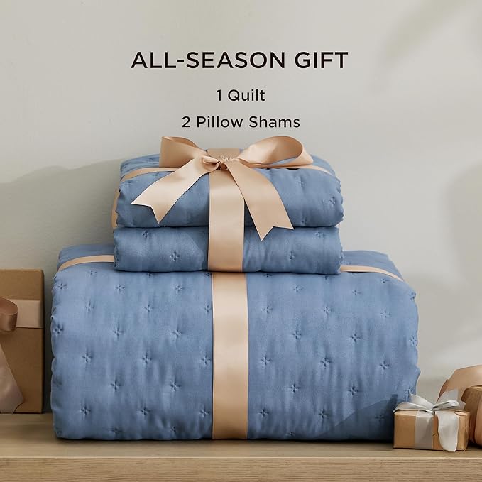 Bedsure Quilts Queen Size - Mineral Blue Bedspread Queen Size & Lightweight Comforter, Modern Coastal Coverlet with Clover Pattern, Ultra Soft All-Season Bedding, 90 x 96 Inches