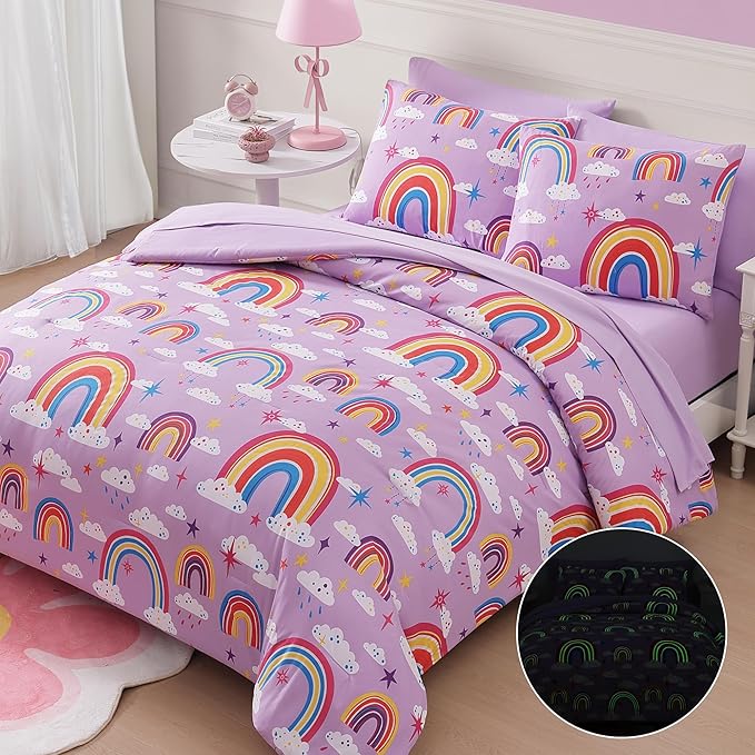Full Kids Comforter Set - 7 Pieces Full Bedding Sets for Girls Teen, Glow in The Dark Purple Rainbow Bed in A Bag with Sheets