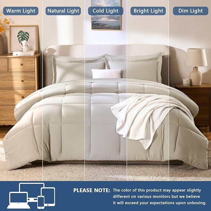 CozyLux King Size Comforter Set Oatmeal - 7 Pieces Bed in a Bag King, Okeo-Tex Certifited Bedding Set, All Season Soft Bed Set with Down Alternative Comforter, Sheets, Pillowcases & Pillow Shams
