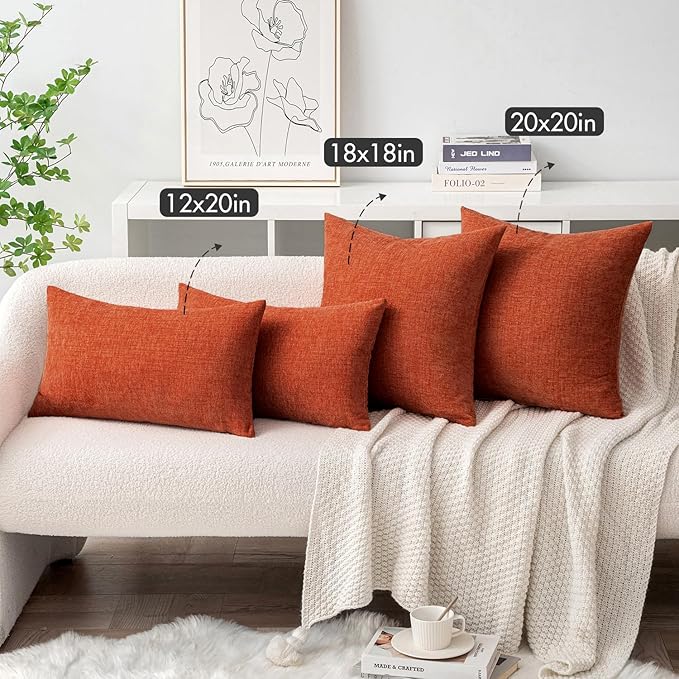 MIULEE Pack of 2 Rust Throw Pillow Covers 12x20 Inch Soft Chenille Lumbar Pillow Covers for Sofa Living Room Couch Solid Dyed Cases