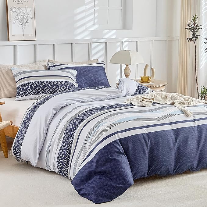 Lekesky Duvet Cover Full, 3 Pieces Blue Striped Duvet Cover Set Soft Bedding Aztec Comforter Cover Full Size with Hidden Zipper Corner Ties