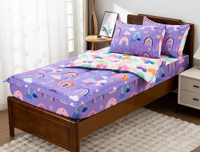 Meeting Story 3pcs Kids Comforter Sets Zipper Bedding Set for Girls,Twin Kid Bedding Set Rainbow Flower Comforter for Kid,All in one Zipper Bedding（Drak Purple,Twin）