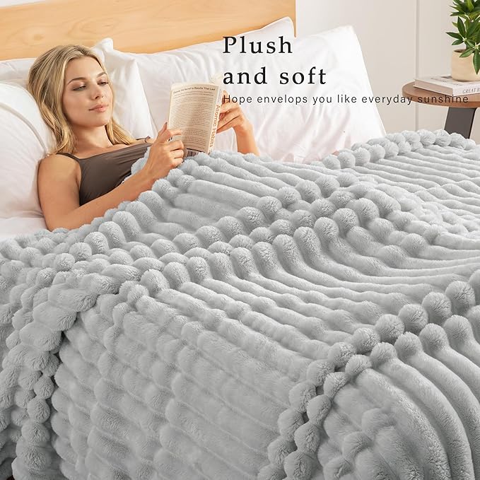 Exclusivo Mezcla Twin Size Flannel Fleece Blanket, Super Soft Striped Jacquard Bed Blanket, Lightweight Fuzzy Cozy for All Seasons, 60x80 Inches, Light Grey