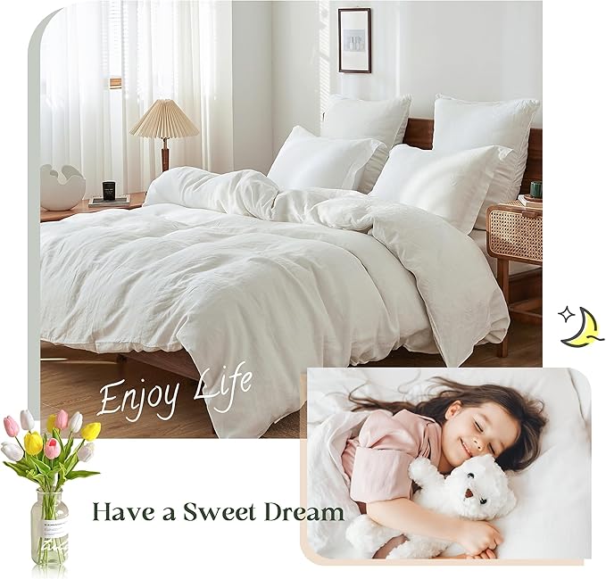 Simple&Opulence 100% Linen Duvet Cover Set, 3 PCS Natural French Flax White Duvet Cover Full Size, Breathable Soft Comfy Linen Bedding Comforter Cover with 2 Pillowcases(White, 78"x86")