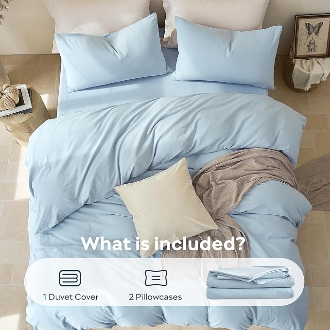 JELLYMONI Duvet Cover Queen Size - 100% Washed Cotton Comforter Cover with Linen-Like Texture, Breathable & Soft Bedding for Modern Home, Guest Room and Everyday Use,1 Duvet Cover & 2 Pillowcases