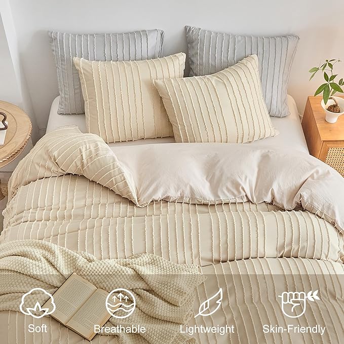 WARMDERN Khaki Boho Duvet Cover Twin Size, Striped Textured Duvet Cover Tufted Bedding Set, 2 Piece Washed Microfiber with Zipper Closure & Corner Ties(Twin, Khaki)
