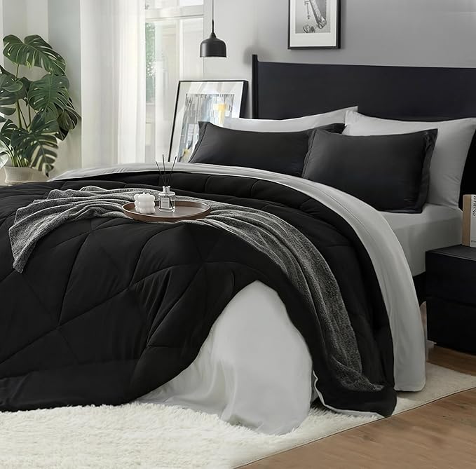 BEDELITE Twin XL Comforter Set 5 Pieces Bed in A Bag - Soft Microfiber Reversible Twin Extra Long Black Bed Set with Comforters, Sheets, Pillowcase & Sham, Cozy Bedding Sets for College Dorm Room