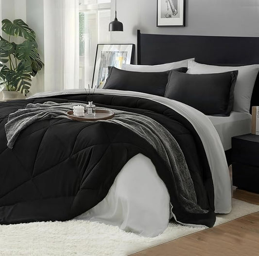 BEDELITE California King Size Comforter Set 7 Pieces Bed in A Bag - Soft Microfiber Reversible Cal King Black Bed Set with Comforters, Sheets, Pillowcases & Shams, Cozy Bedding Sets for All Season