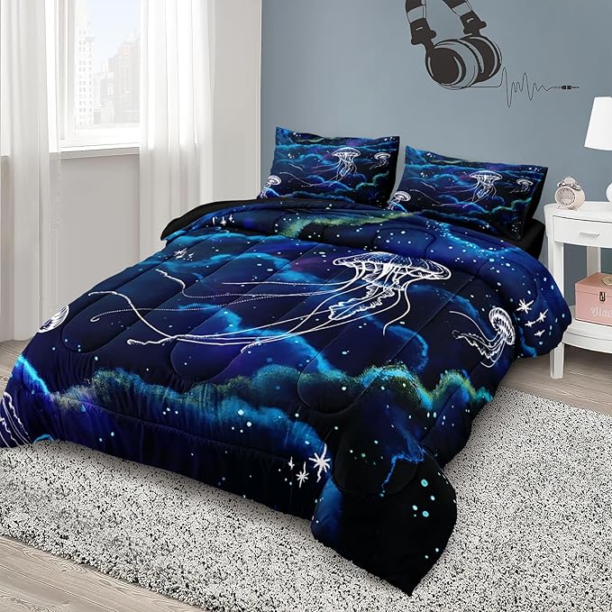 Bedbay Blue Galaxy Bedding Comforter Set Queen Size,Jellyfish Print Ocean Theme Bedding Set,Soft Microfiber Starry Sky Stars Boys Girls Bedroom Quilted Comforter 4 Pieces for All Seasons