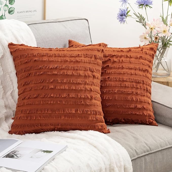 MIULEE Set of 2 Fall Decorative Boho Throw Pillow Covers Linen Striped Jacquard Pattern Cushion Covers for Sofa Couch Living Room Bedroom 18x18 Inch Rust
