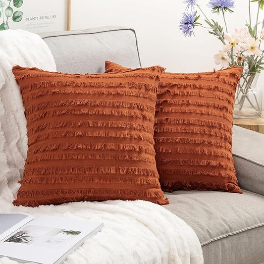 MIULEE Set of 2 Fall Decorative Boho Throw Pillow Covers Linen Striped Jacquard Pattern Cushion Covers for Sofa Couch Living Room Bedroom 18x18 Inch Rust